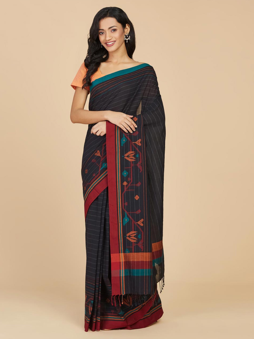 

Fabindia Pure Cotton Jamdani Saree, Black