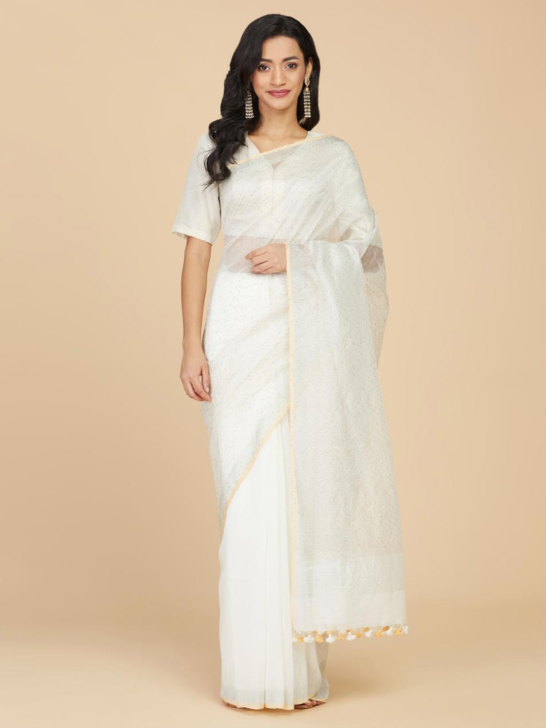 

Fabindia Sequin Embellished Linen Blend Saree, White