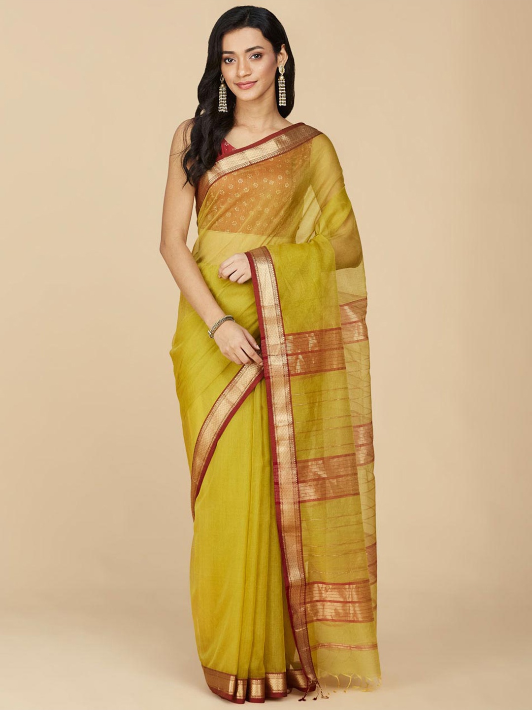 

Fabindia Cotton Silk Zari Maheshwari Saree, Lime green