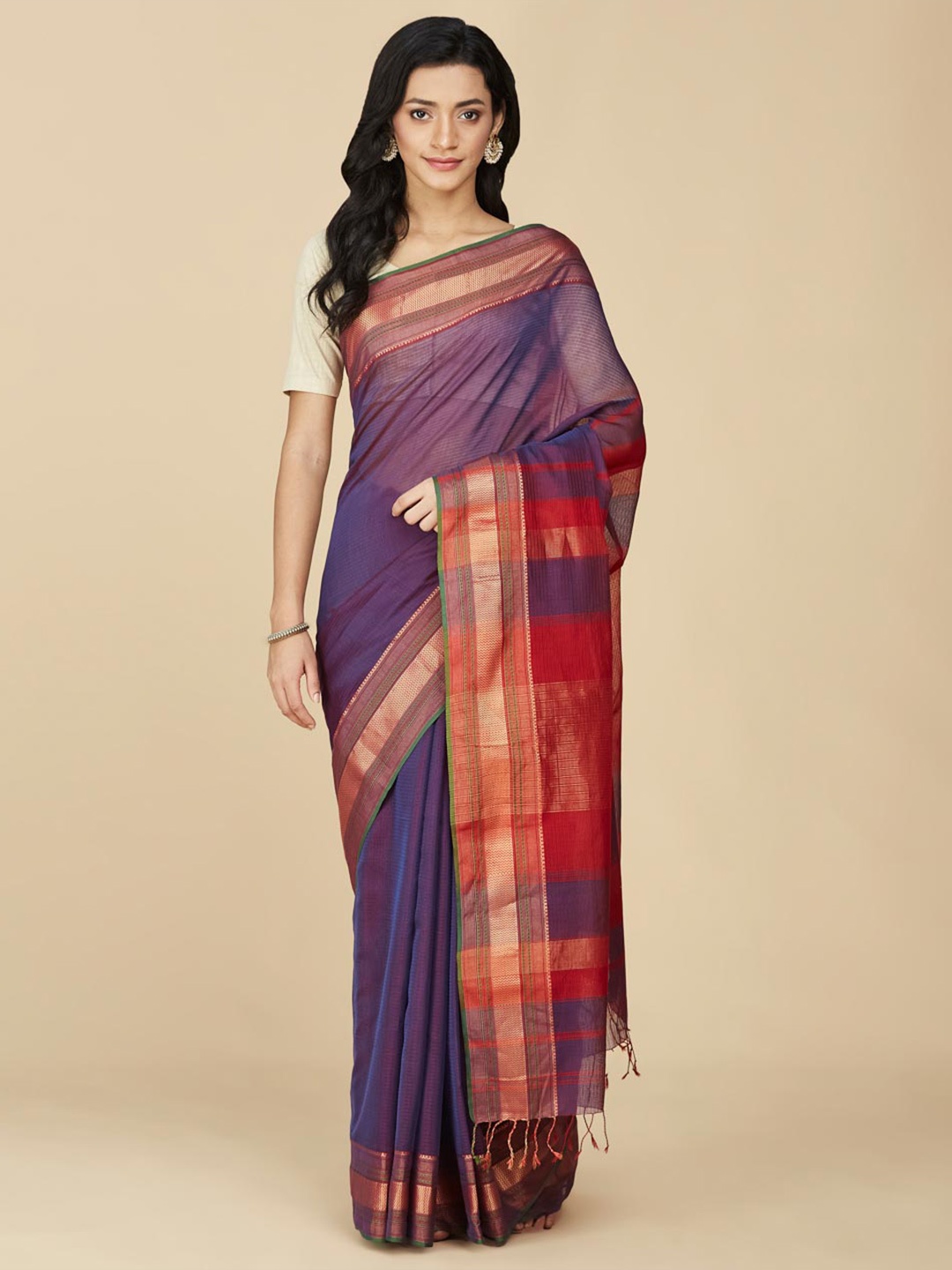 

Fabindia Zari Maheshwari Saree, Purple