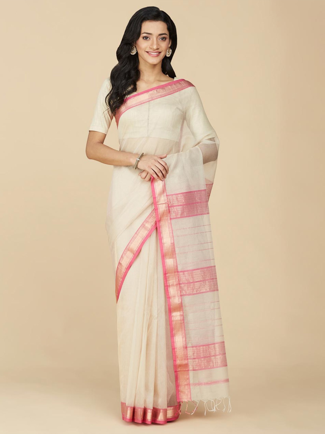 

Fabindia Zari Maheshwari Saree, Beige