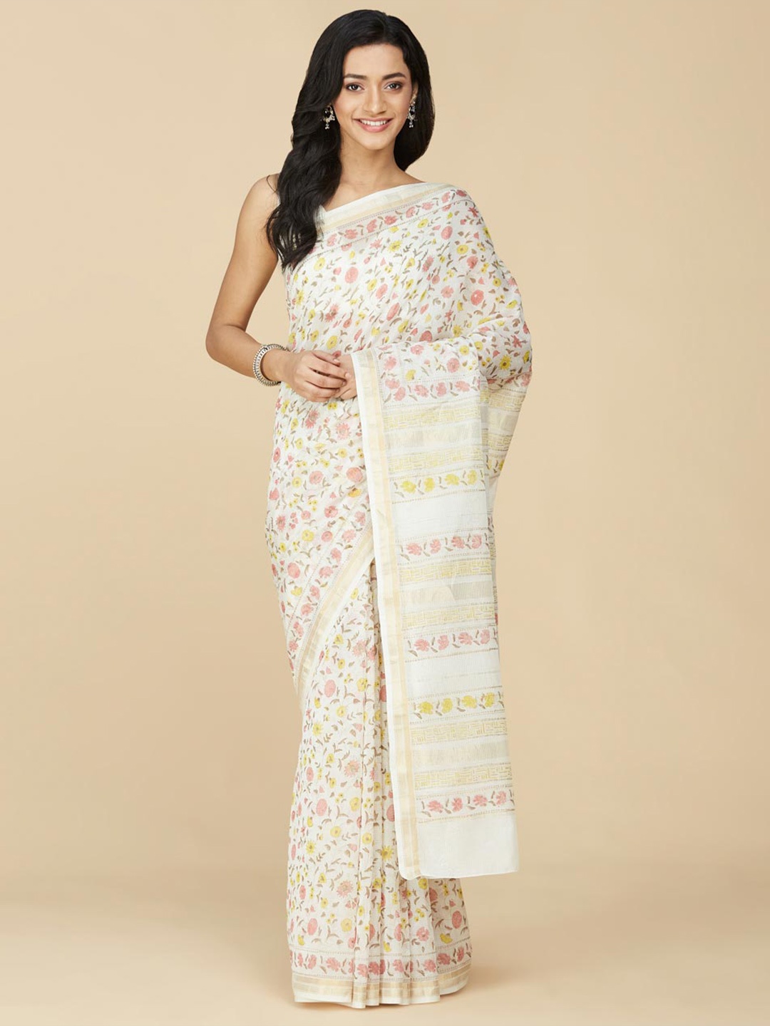 

Fabindia Floral Block Print Zari Saree, Off white