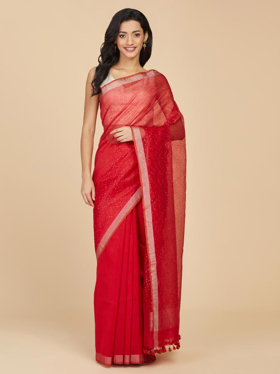 

Fabindia Embellished Sequinned Linen Blend Saree, Red