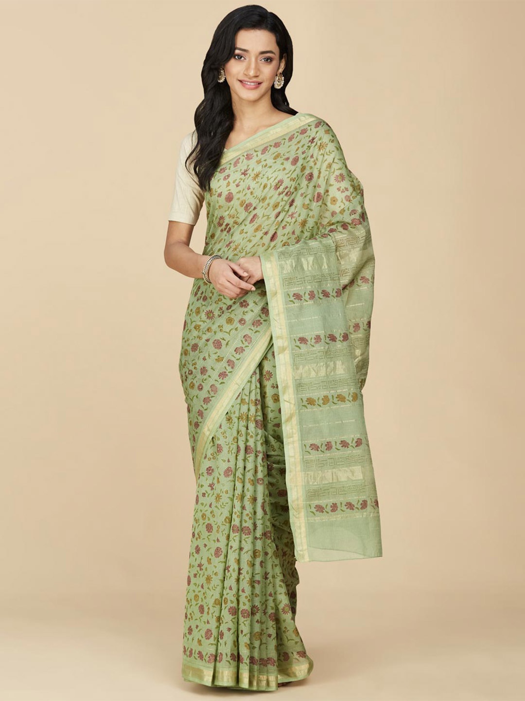 

Fabindia Floral Printed Zari Cotton Silk Block Print Saree, Green