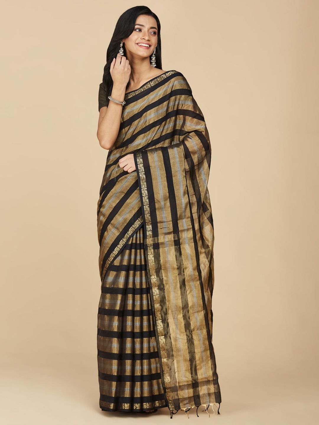 

Fabindia Striped Woven Design Zari Cotton Silk Maheshwari Saree, Black