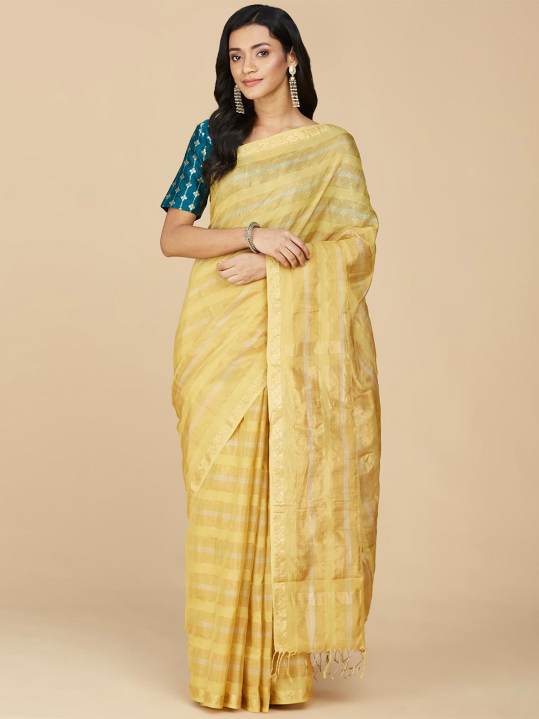 

Fabindia Woven Design Zari Maheshwari Saree, Gold