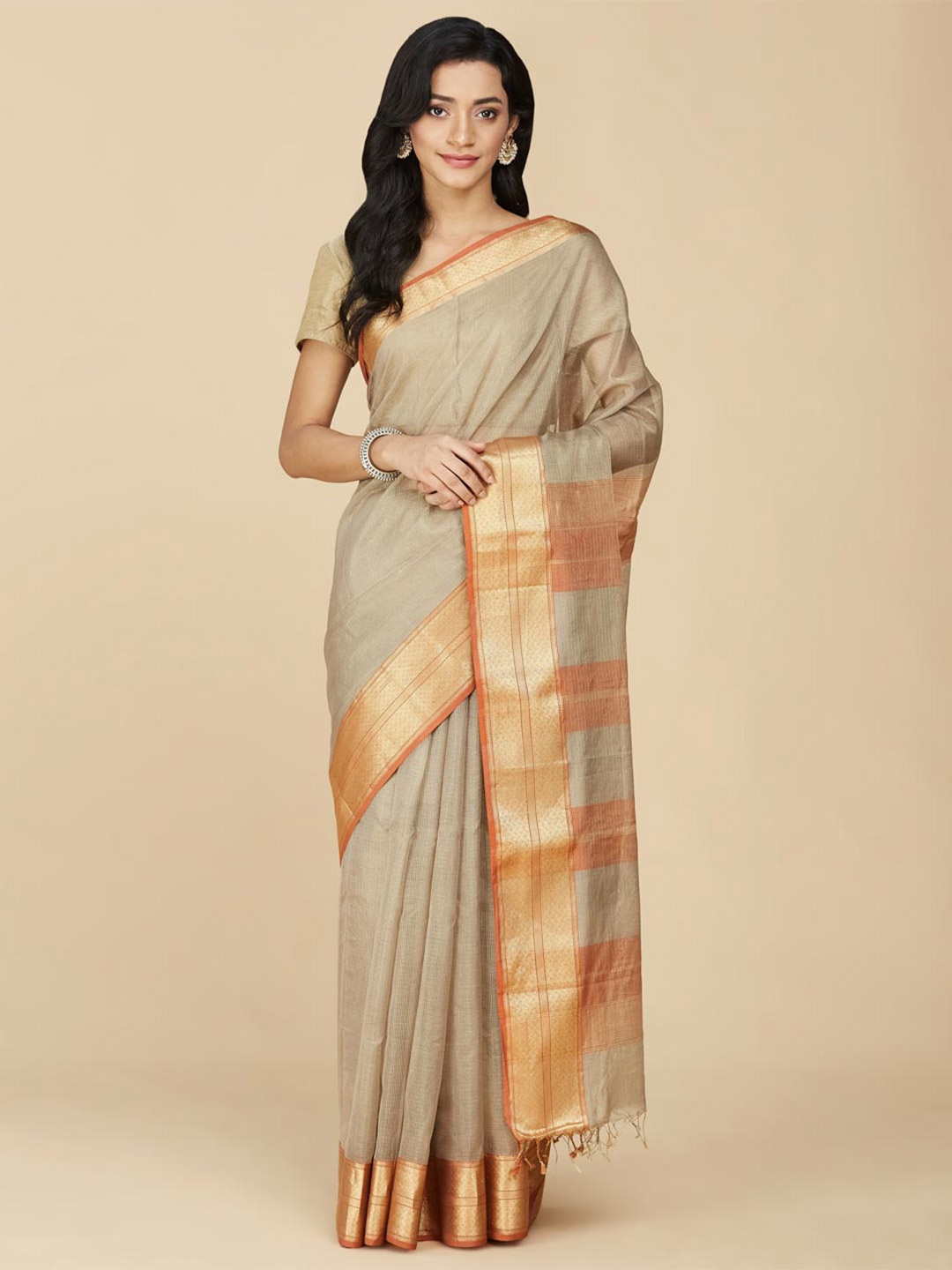 

Fabindia Woven Design Zari Maheshwari Saree, Beige