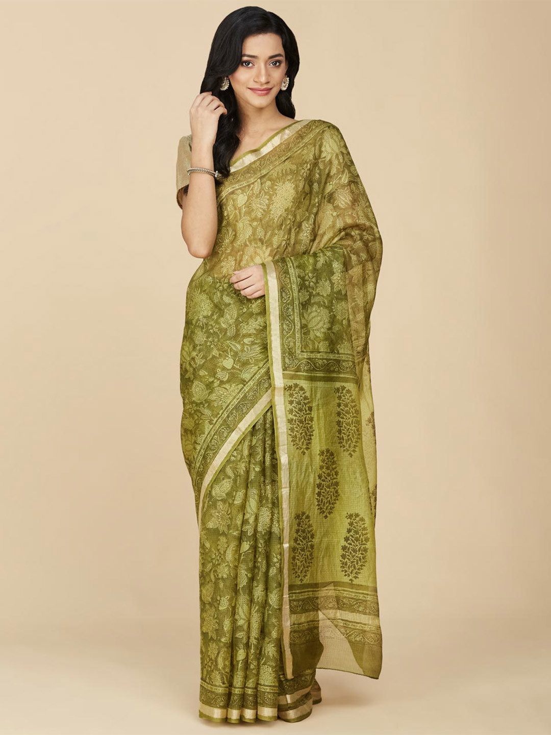 

Fabindia Floral Block Print Zari Pure Silk Saree, Green