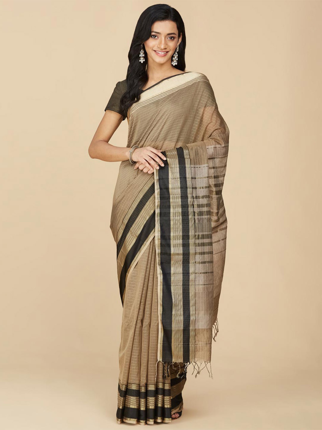 

Fabindia Striped Zari Maheshwari Saree, Brown