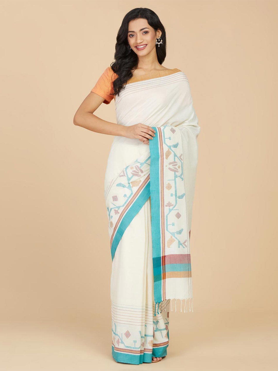 

Fabindia Ethnic Motifs Woven Design Pure Cotton Jamdani Saree, Cream