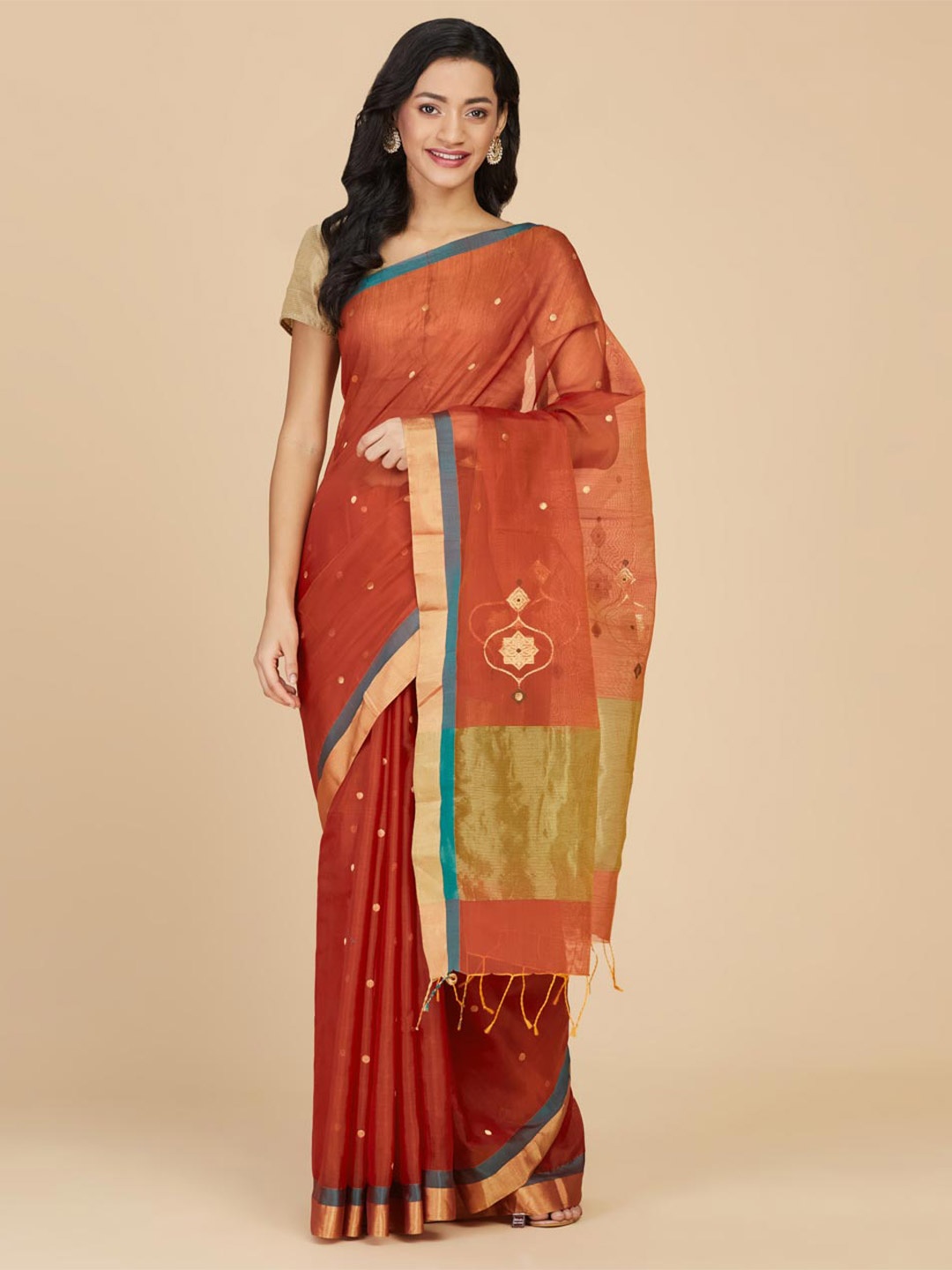 

Fabindia Woven Design Zari Chanderi Saree, Rust