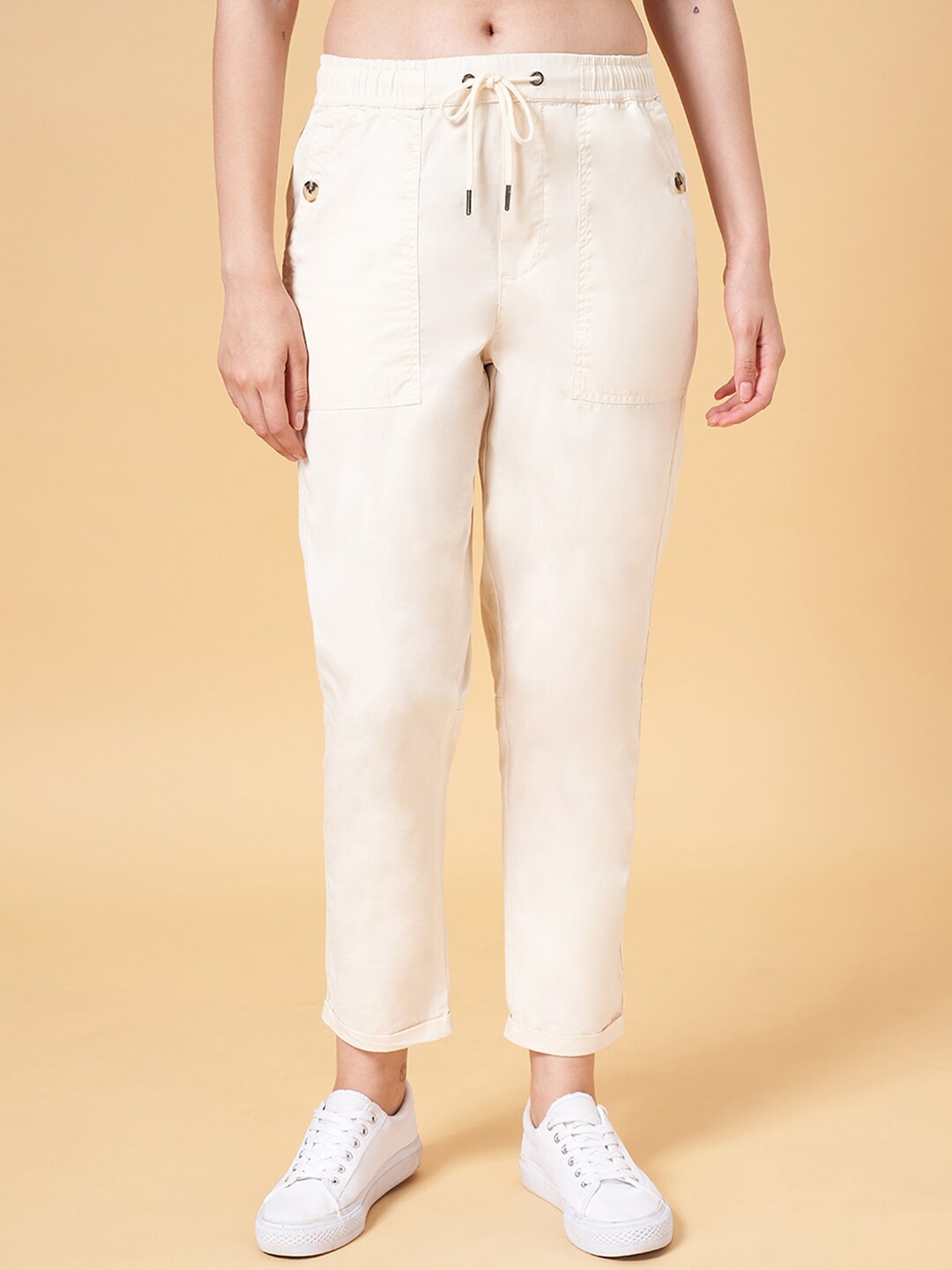 

Honey by Pantaloons Women Mid Rise Cotton Trousers, Off white