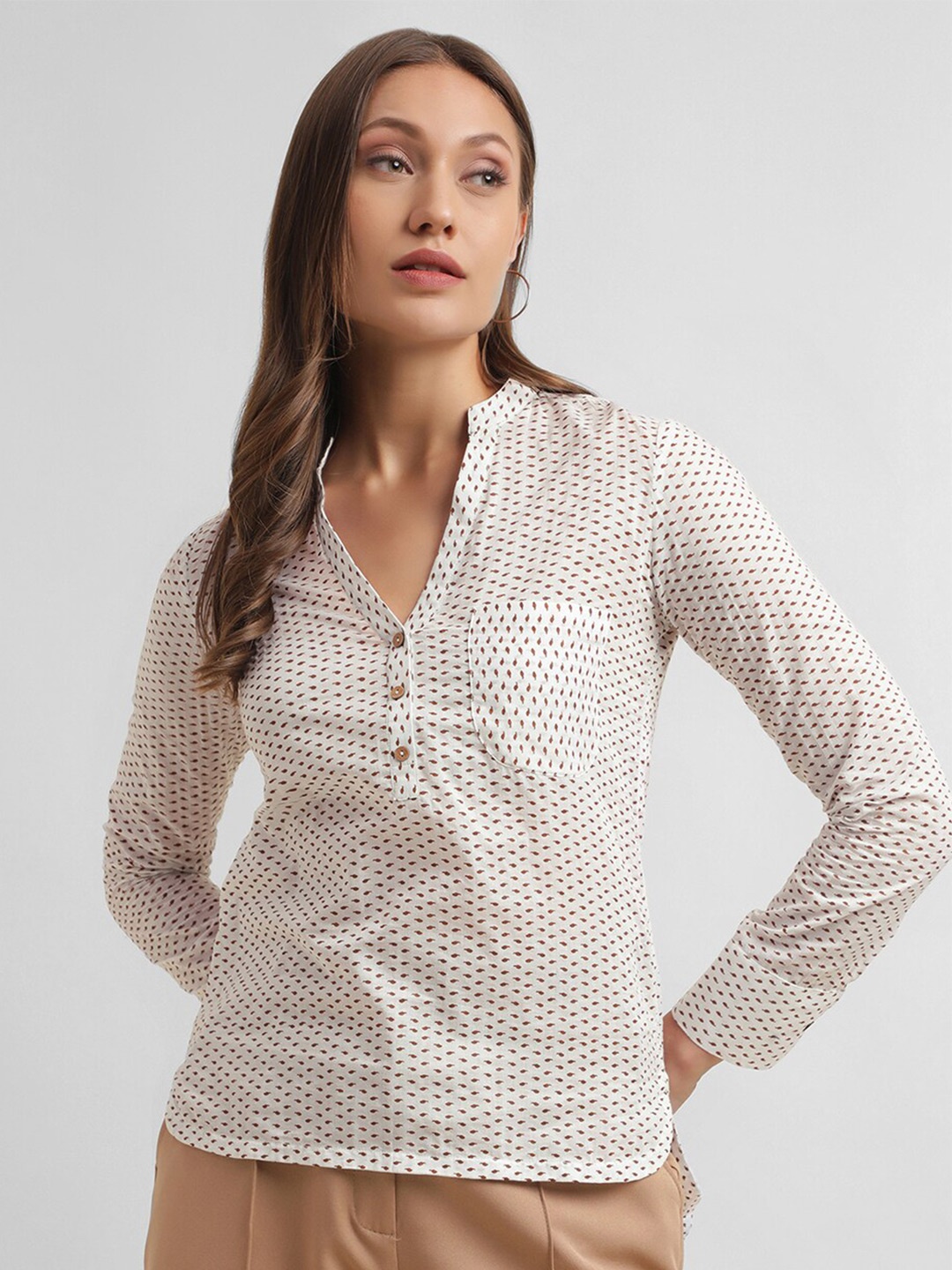 

Selvia Printed Mandarin Collar Regular Top, White