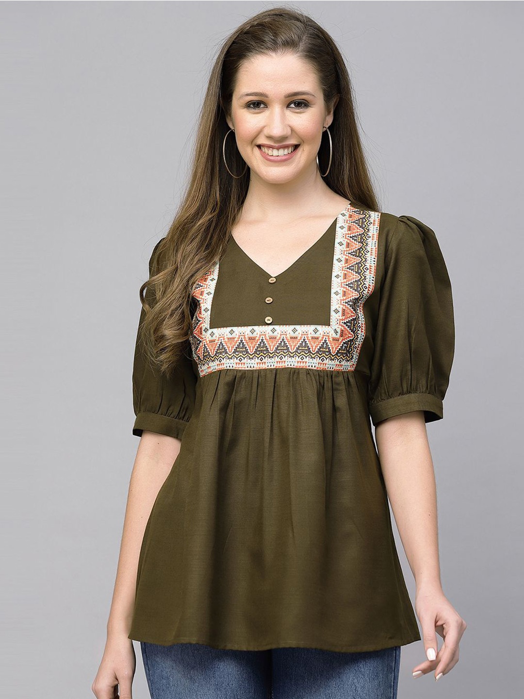

Selvia Ethnic Motifs Printed V-Neck Puff Sleeve Empire Top, Olive