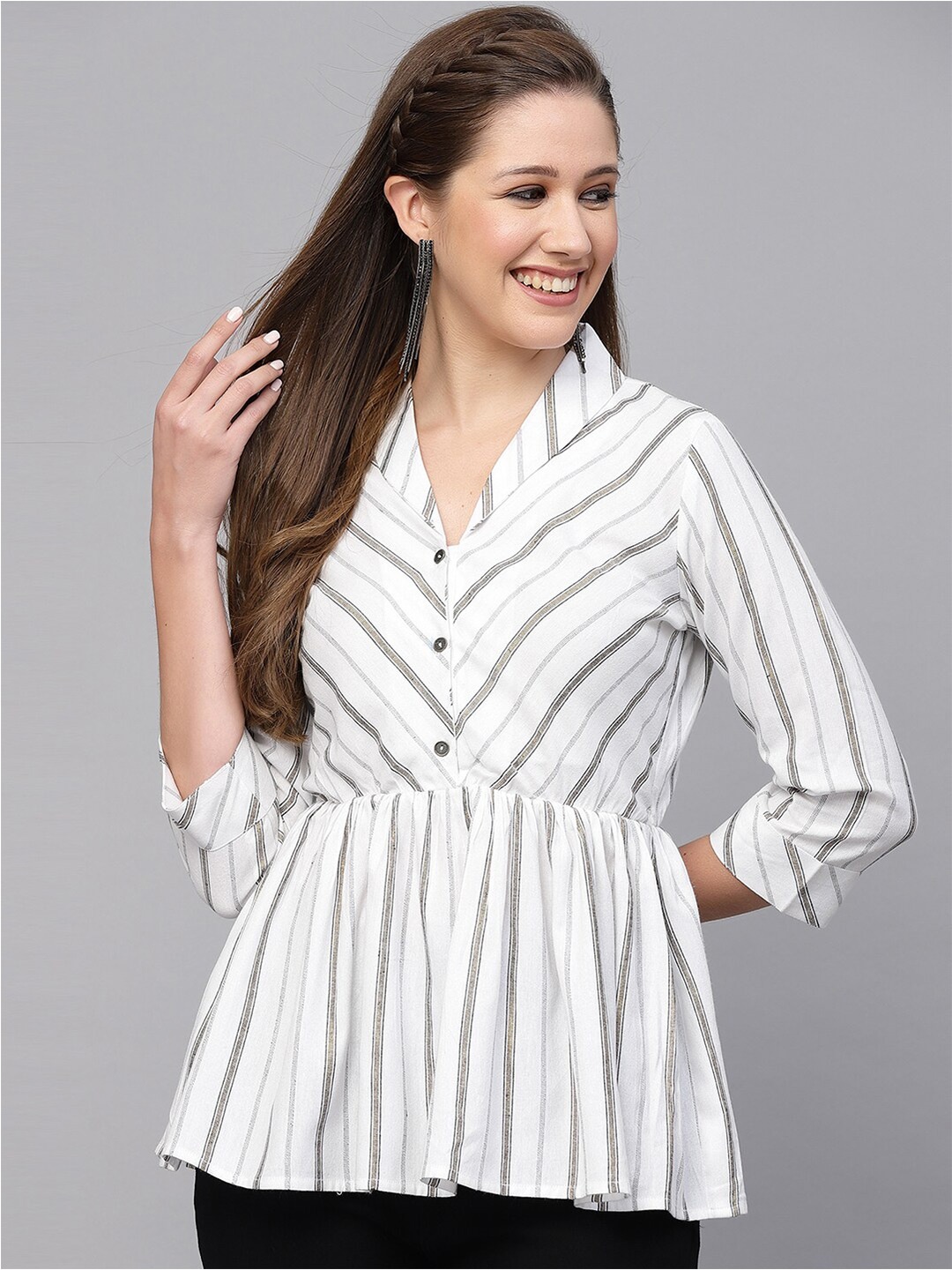 

Selvia Striped V-Neck Regular Top, White
