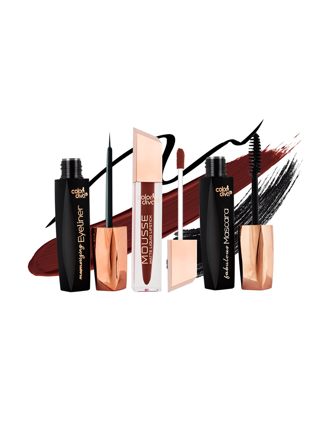 

Adbeni Color Diva 3Pc Mousse Matte Lipstick -Sizzling Slayer 197 With Eyeliner & Mascara, Maroon