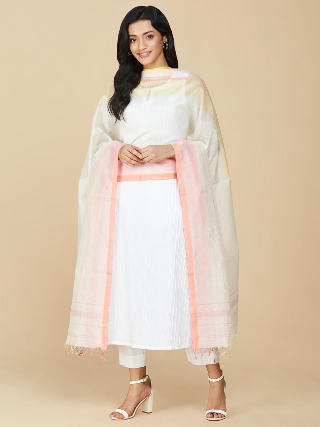 

Fabindia White & Pink Woven Design Cotton Silk Dupatta