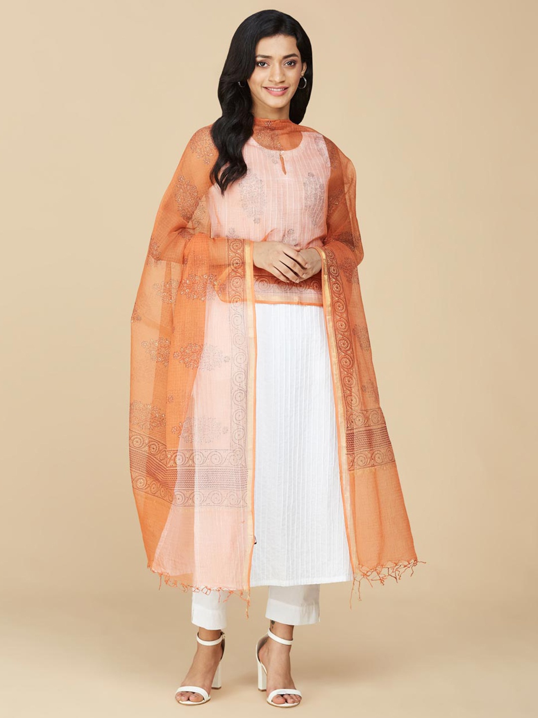 

Fabindia Orange & Black Ethnic Motifs Printed Cotton Silk Dupatta with Zari