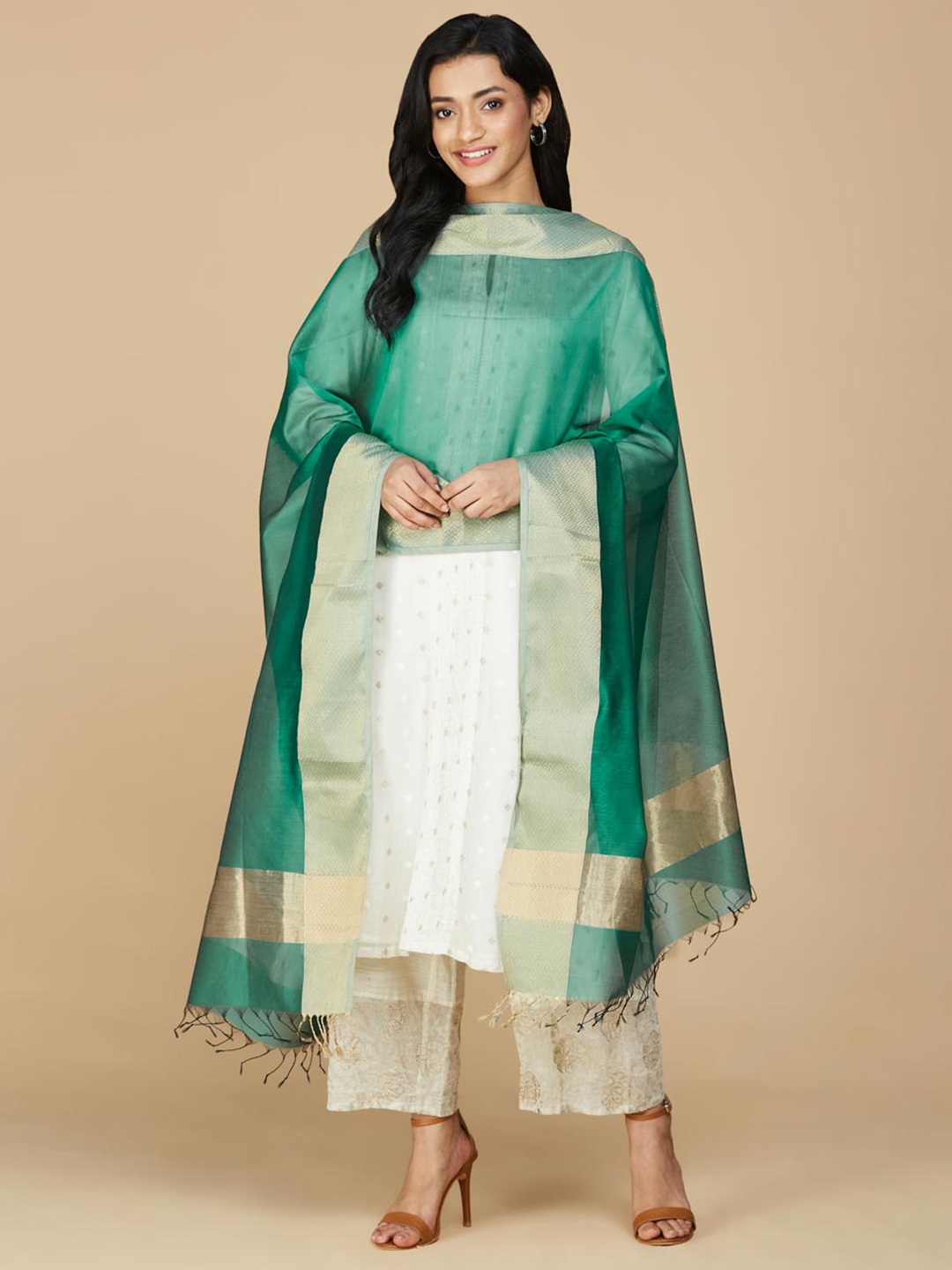 

Fabindia Teal & Gold-Toned Cotton Silk Dupatta with Zari