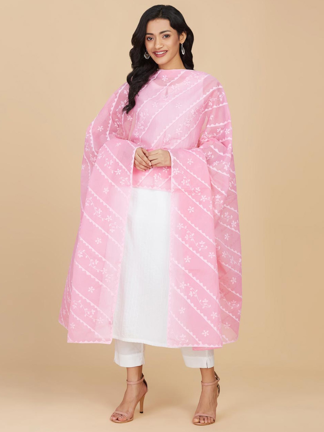 

Fabindia Pink & White Embroidered Dupatta with Chikankari