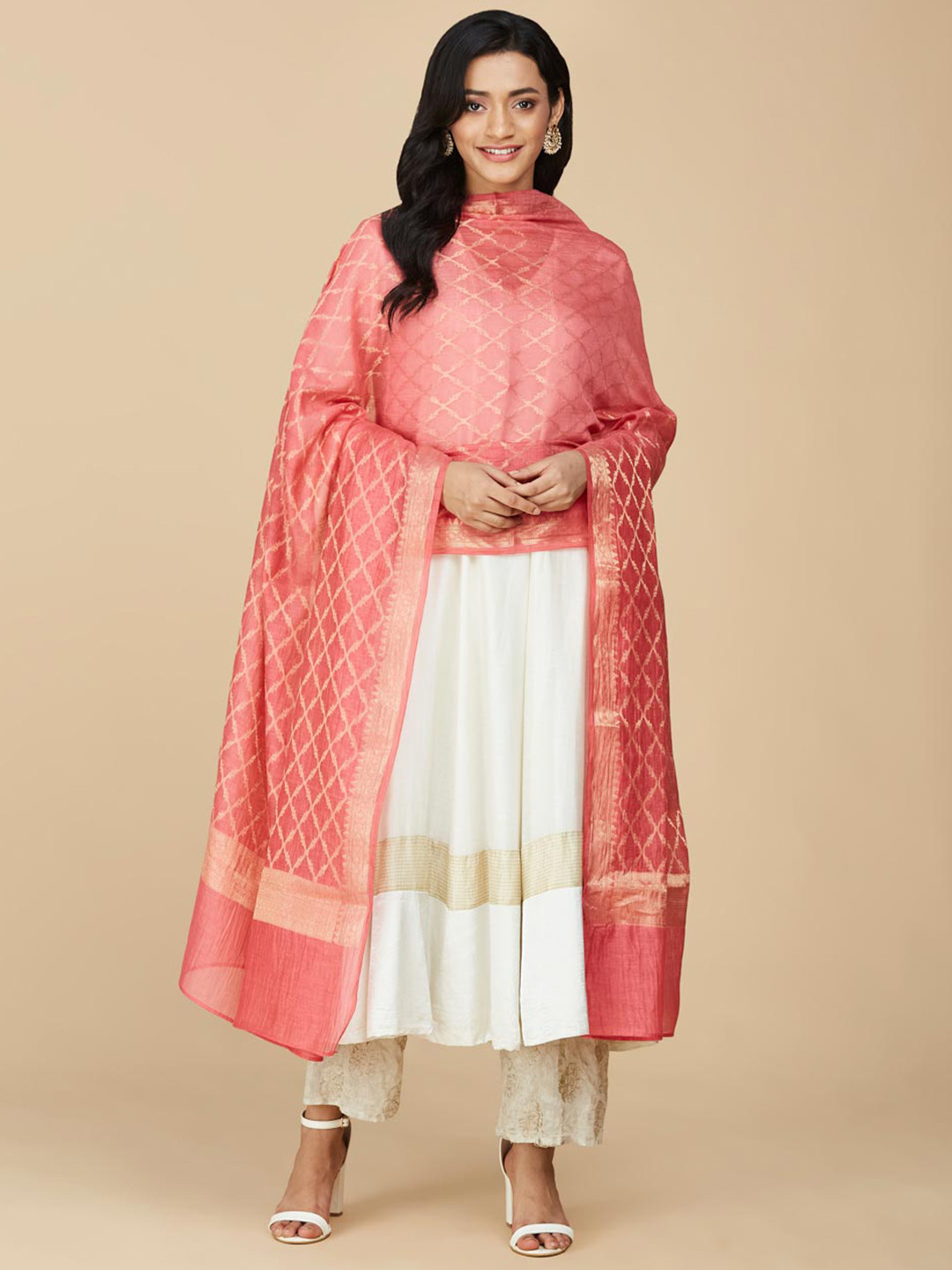 

Fabindia Pink & Gold-Toned Ethnic Motifs Woven Design Cotton Silk Dupatta with Zari