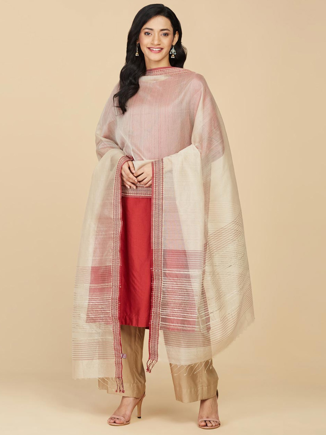 

Fabindia Beige & Red Striped Cotton Silk Dupatta
