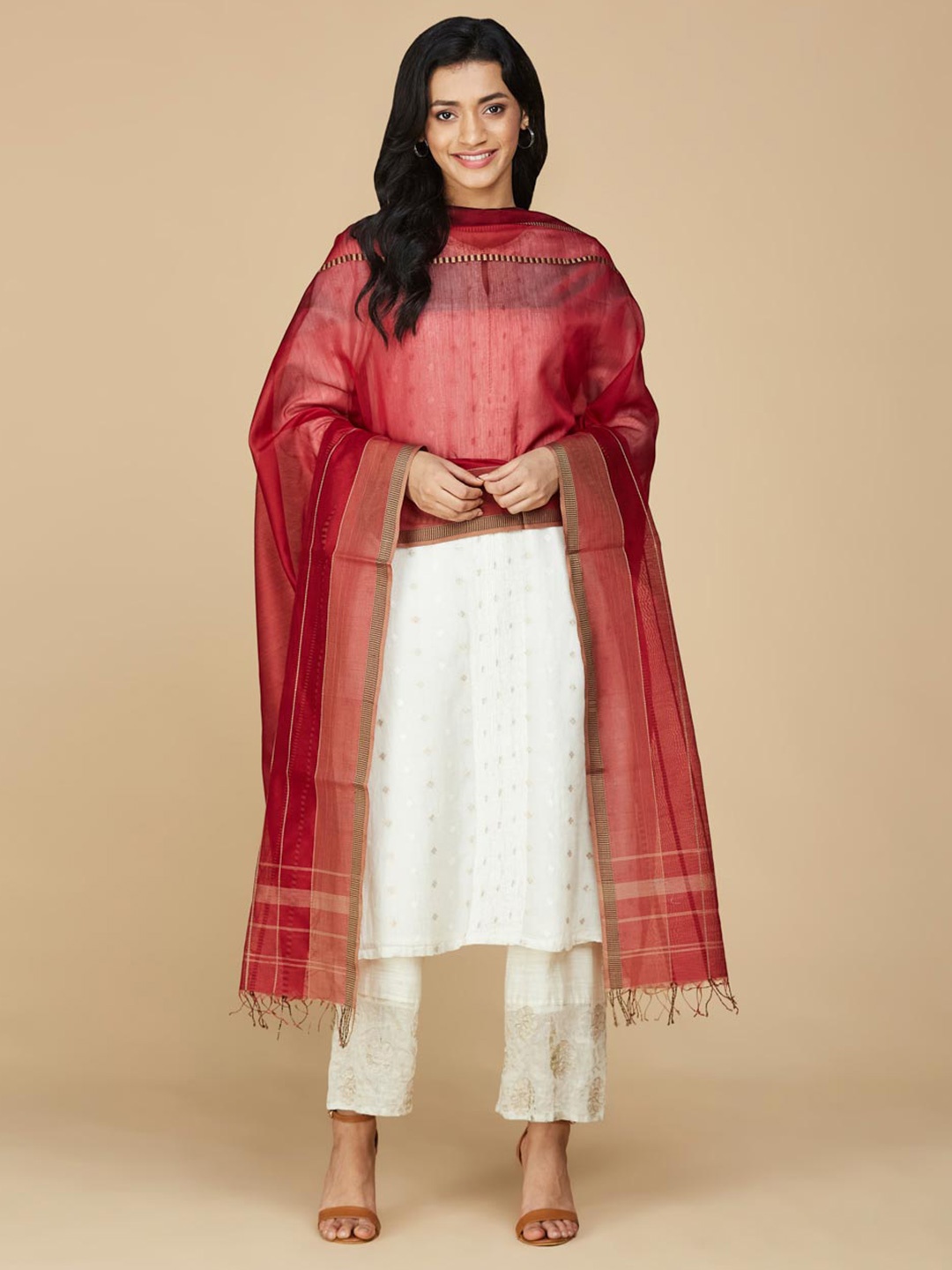 

Fabindia Red & Brown Woven Design Cotton Silk Dupatta