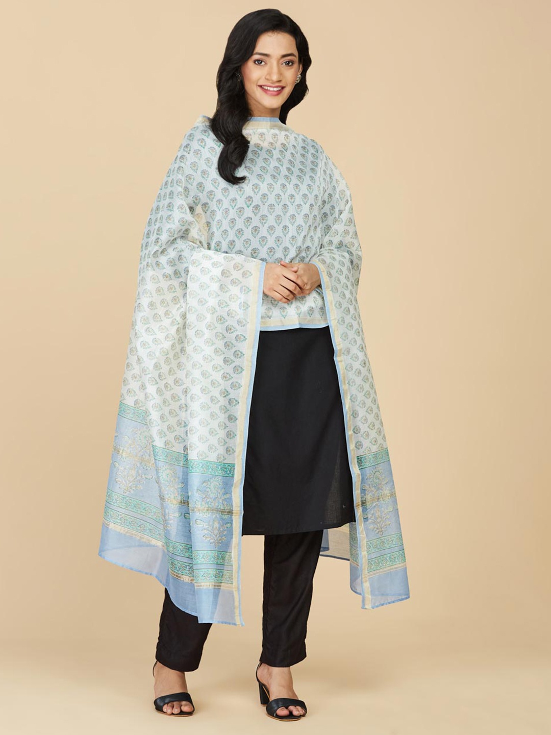 

Fabindia Blue & Green Ethnic Motifs Printed Cotton Silk Dupatta with Zari