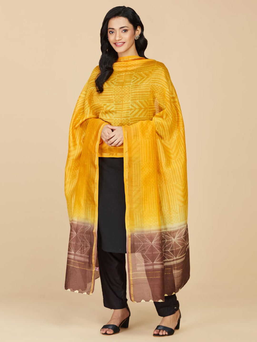 

Fabindia Mustard & Brown Printed Cotton Silk Dupatta with Zari