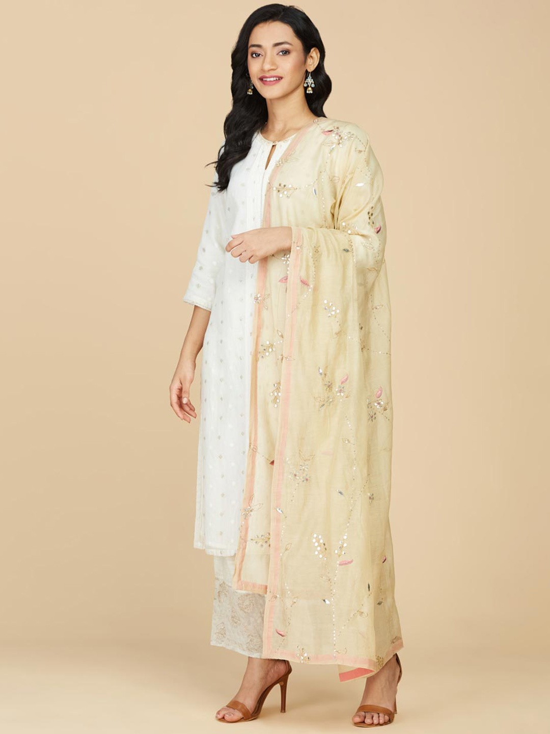 

Fabindia Beige Embroidered Cotton Silk Dupatta with Mirror Work
