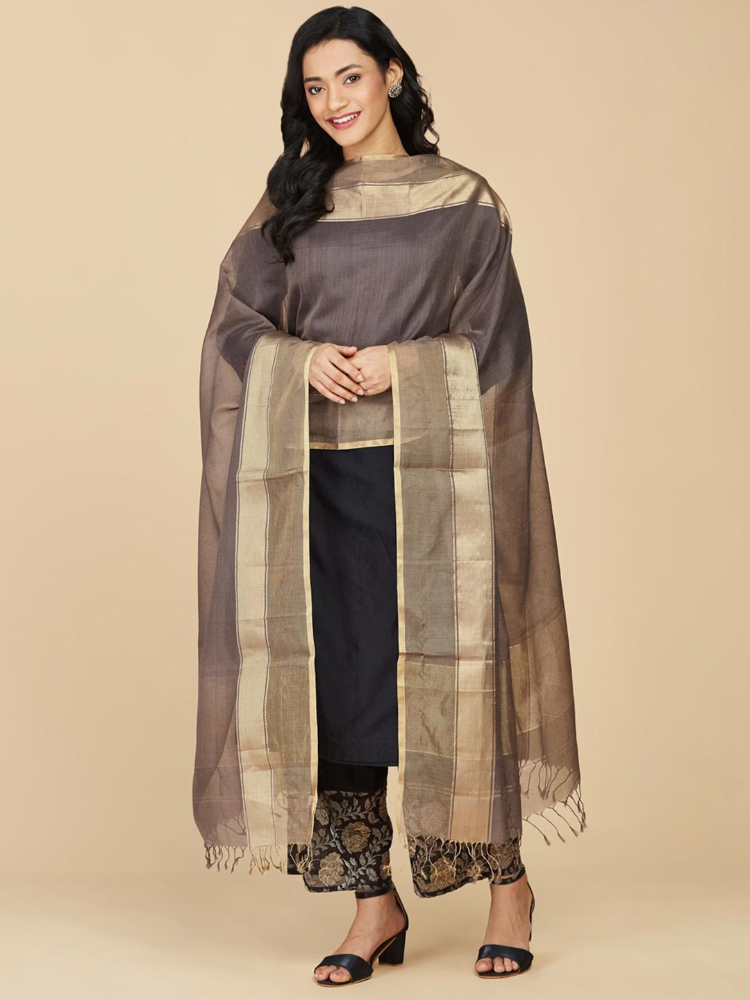 

Fabindia Charcoal & Gold-Toned Woven Design Cotton Silk Dupatta with Zari