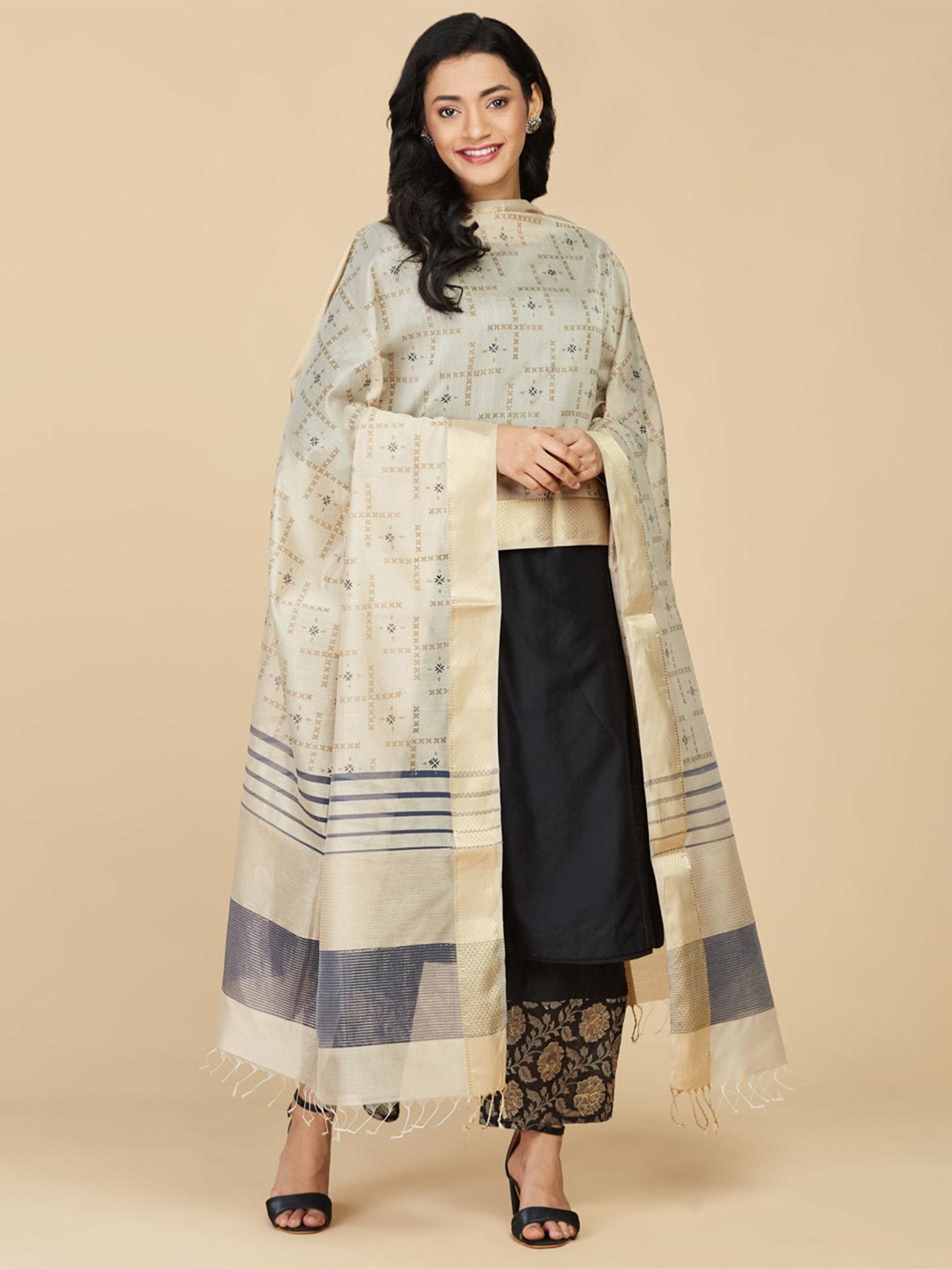 

Fabindia Ethnic Motifs Block Printed Cotton Silk Dupatta With Zari, Beige