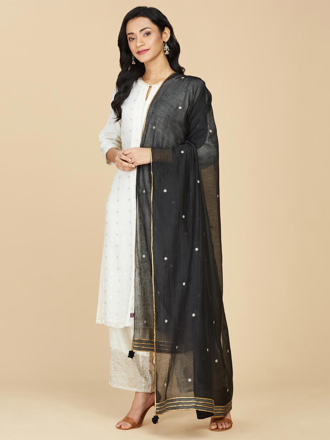 

Fabindia Embroidered Cotton Silk Dupatta, Black