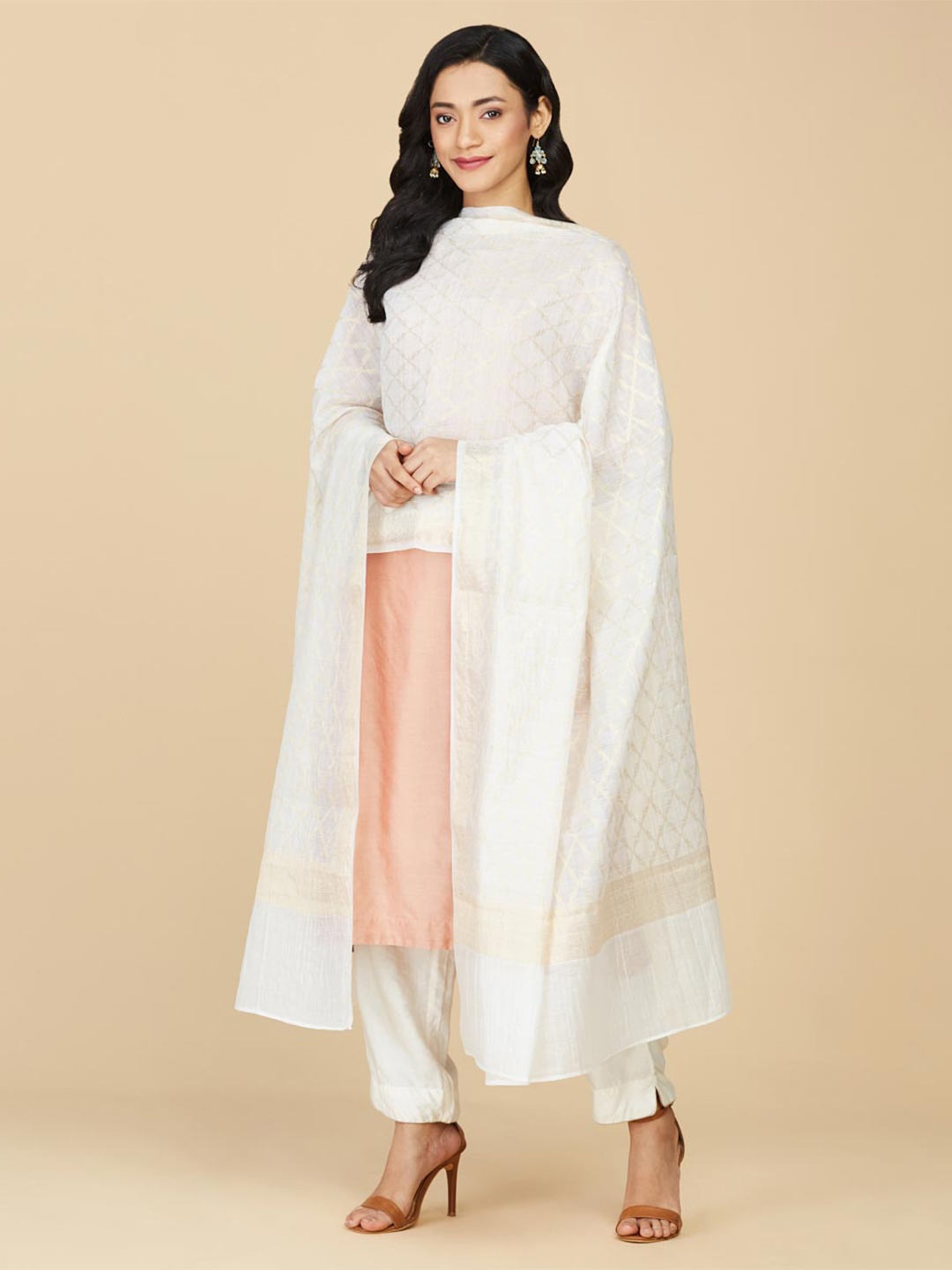 

Fabindia Ethnic Motifs Woven Design Cotton Silk Dupatta with Zari, Off white