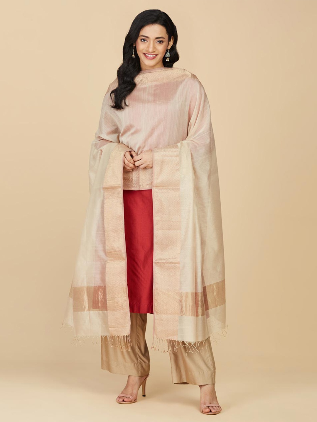 

Fabindia Cotton Silk Dupatta with Zari, Beige