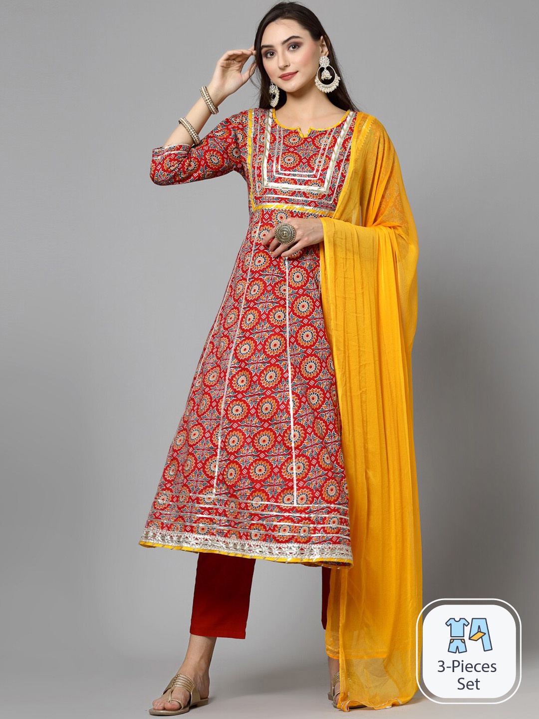 

Stylum Ethnic Motifs Printed Gotta Patti Pure Cotton Kurta with Trousers & With Dupatta, Red