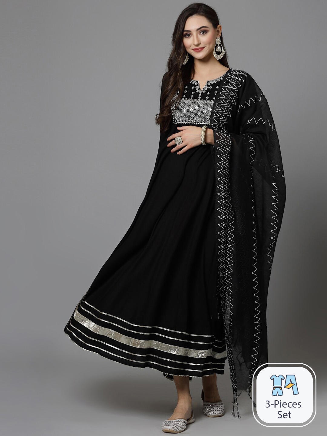 

Stylum Embellished Sequined Detail Anarkali Maxi Ethnic Dress With Dupatta, Black