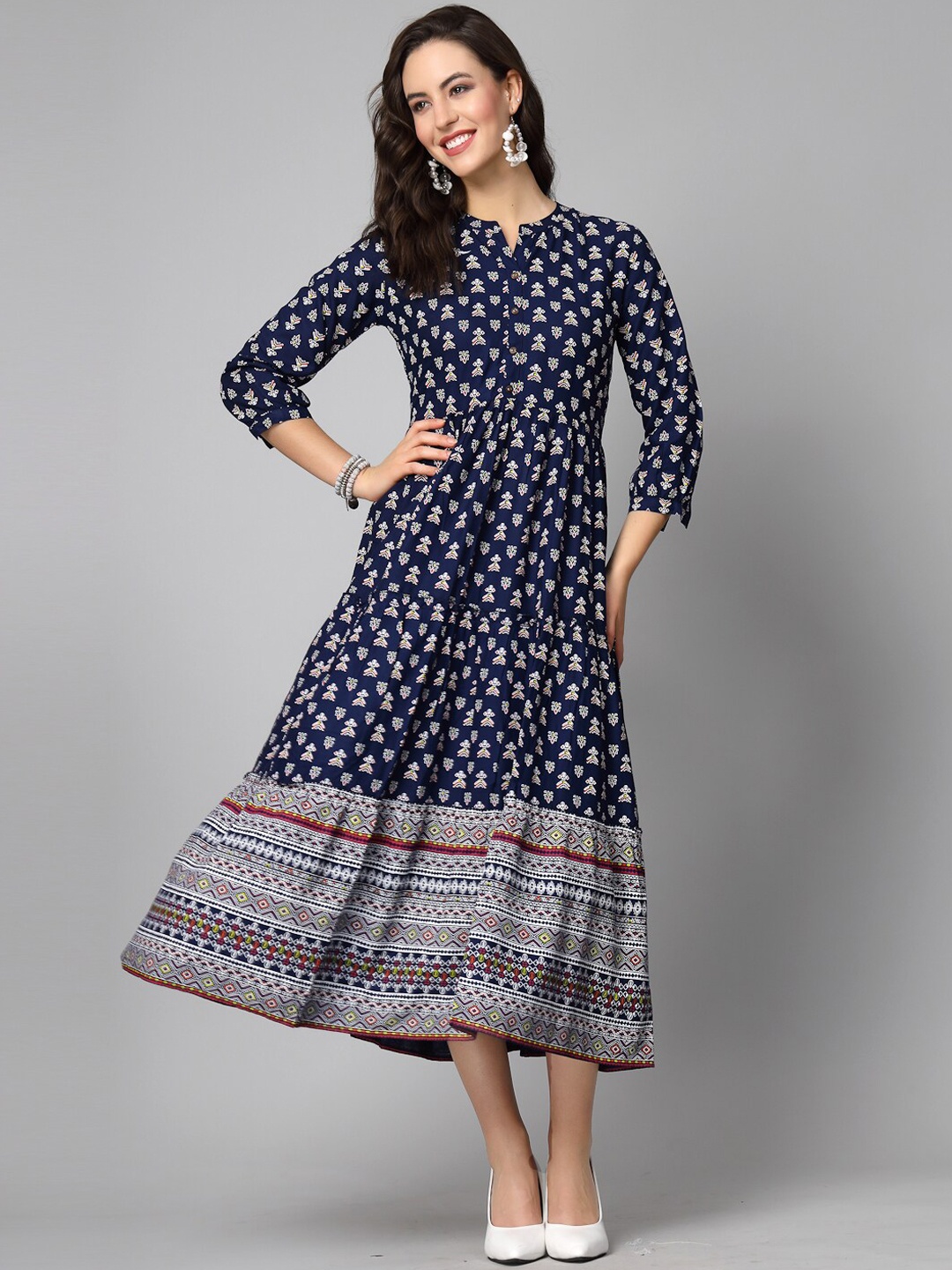 

Stylum Ethnic Motifs Printed Tiered Fit and Flare Ethnic Dress, Navy blue
