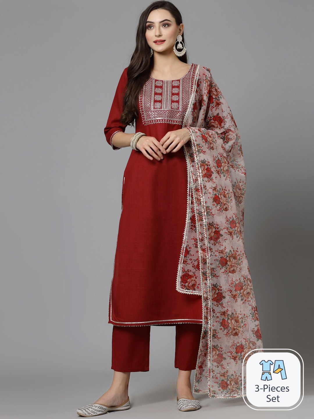 

Stylum Ethnic Motifs Yoke Design Sequinned Kurta with Trousers & With Dupatta, Maroon