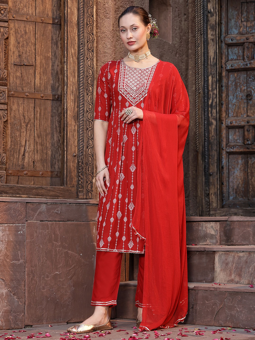 

Stylum Ethnic Motifs Printed Sequinned Kurta with Trousers & With Dupatta, Red