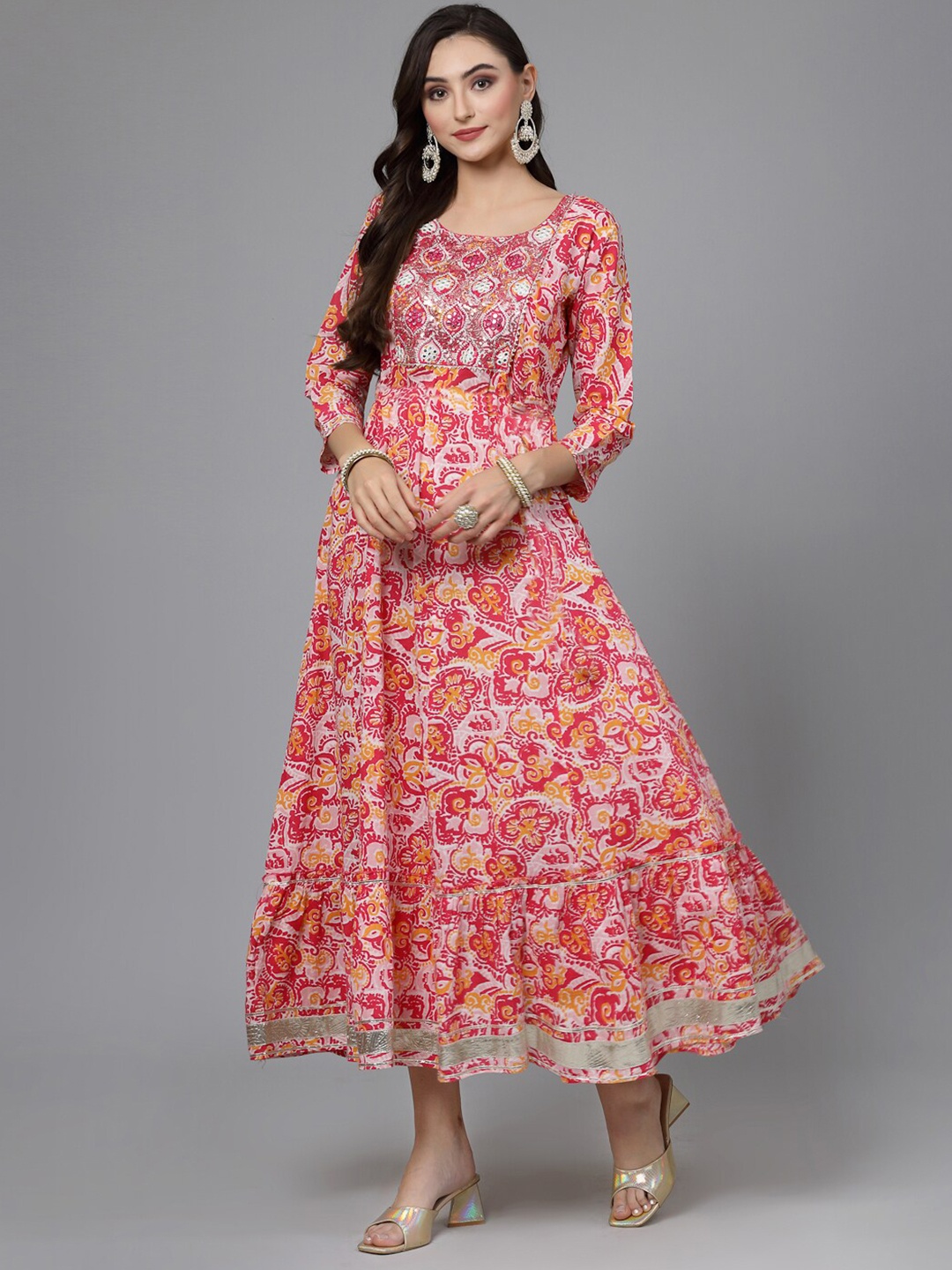 

Stylum Floral Printed Embroidered Detail Pure Cotton A-Line Ethnic Dress, Pink