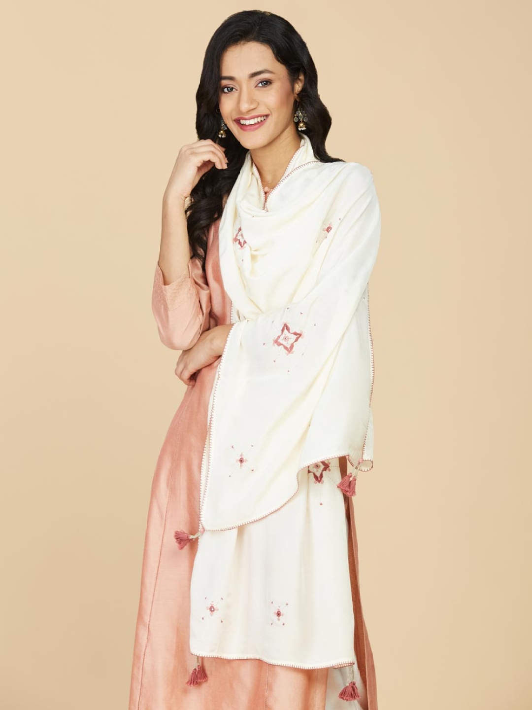 

Fabindia Floral Embroidered Modal Stole, White