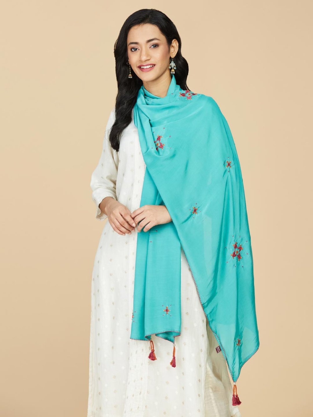 

Fabindia Floral Embroidered Modal Stole, Turquoise blue