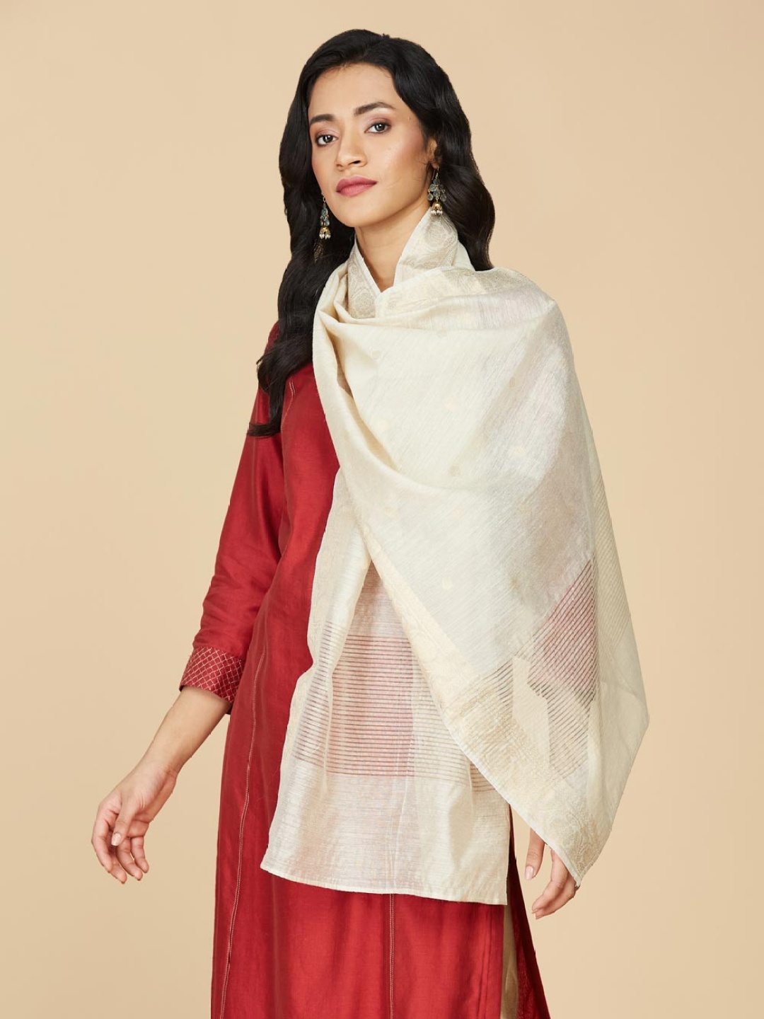 

Fabindia Ethnic Motifs Woven Design Silk Stole, Beige