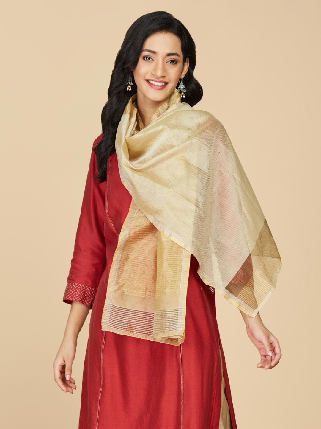 

Fabindia Ethnic Motifs Woven Design Cotton Silk Stole, Beige