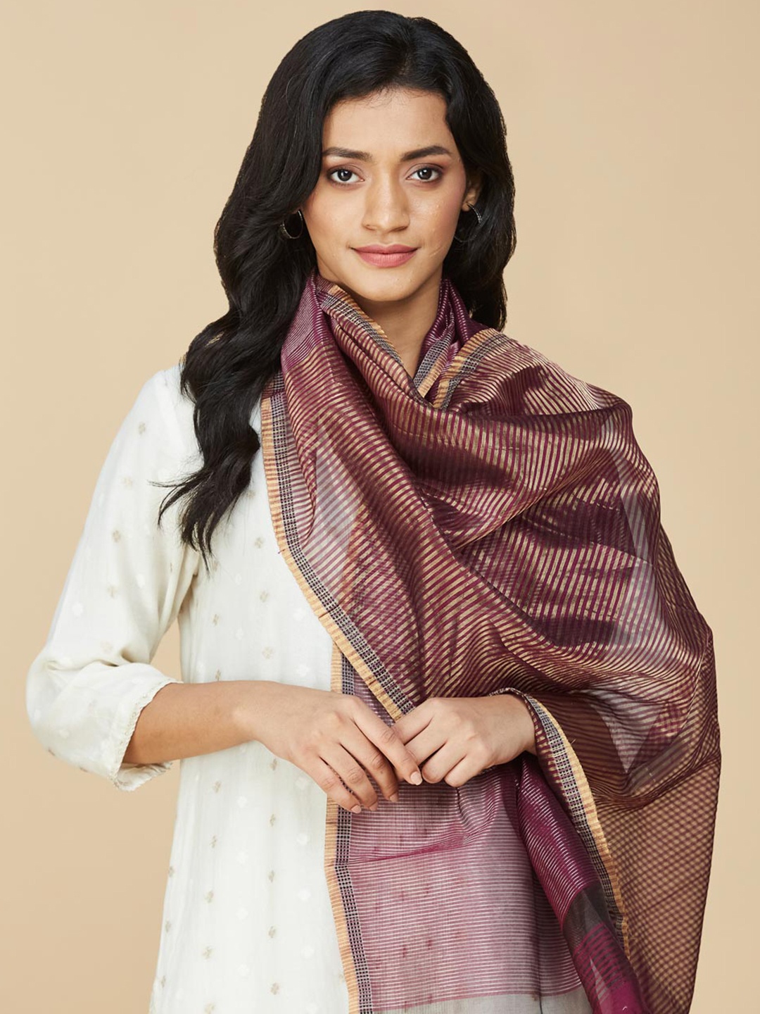 

Fabindia Striped Cotton Silk Stole, Burgundy