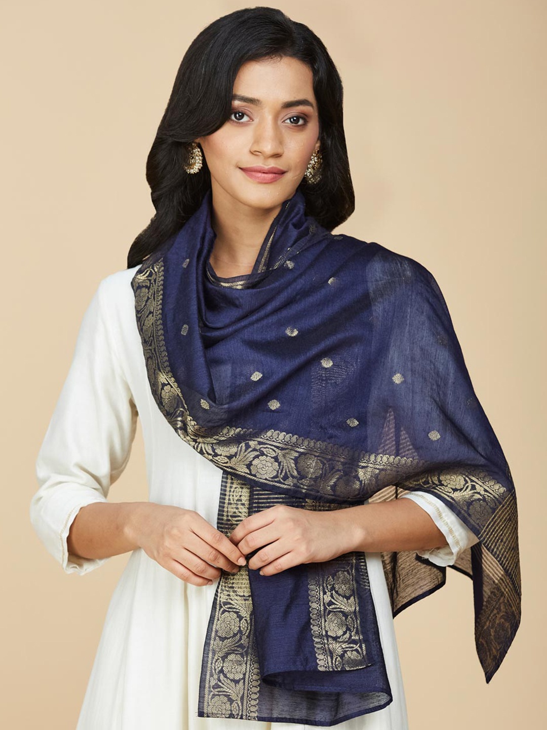 

Fabindia Floral Woven Design Silk Stole, Navy blue