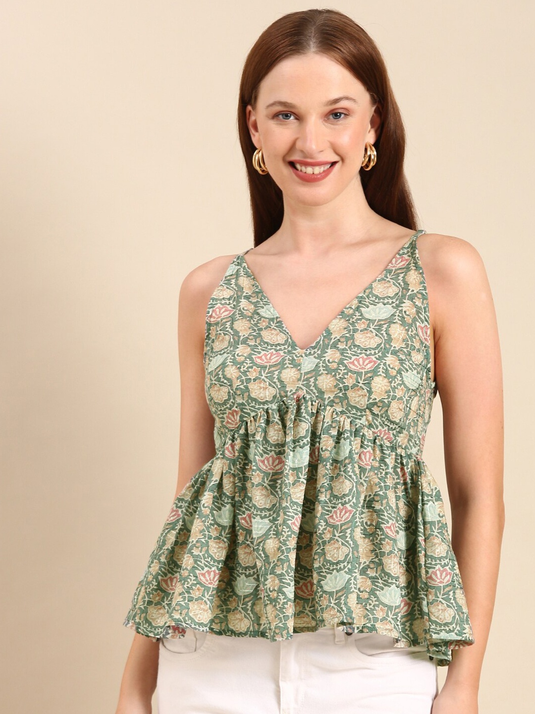 

MALHAAR Floral Printed Shoulder Straps Empire Top, Green