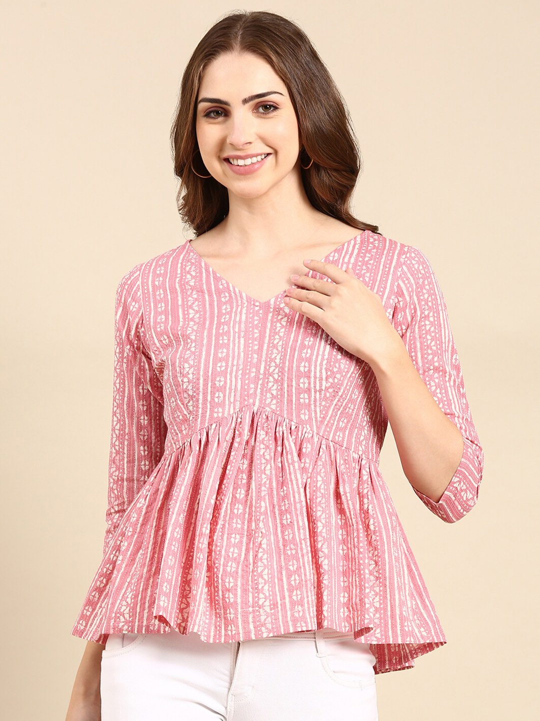 

MALHAAR Geometric Printed V-Neck Gathered Detail Empire Top, Pink