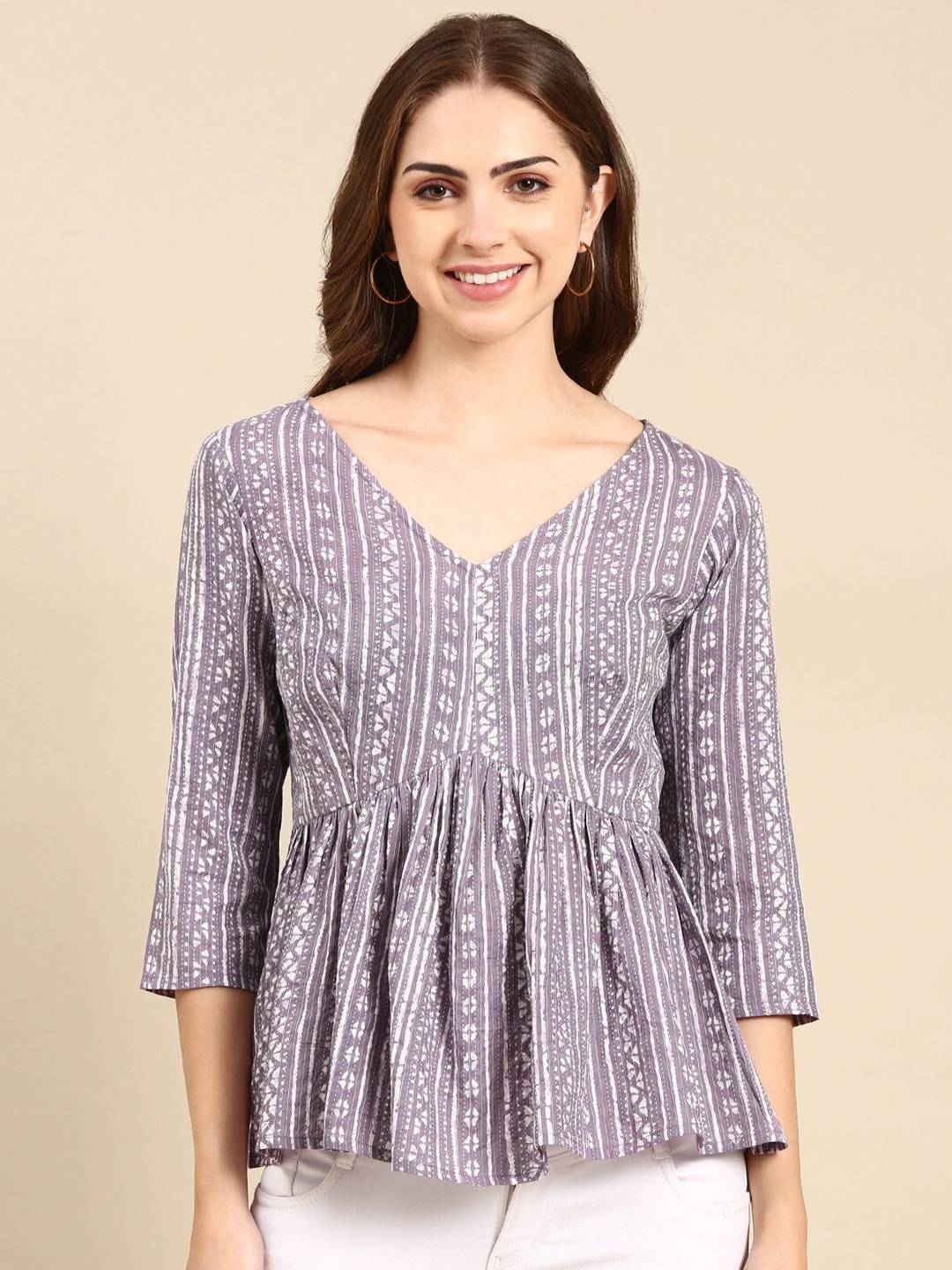 

MALHAAR Geometric Printed V-Neck Gathered Detail Empire Top, Purple